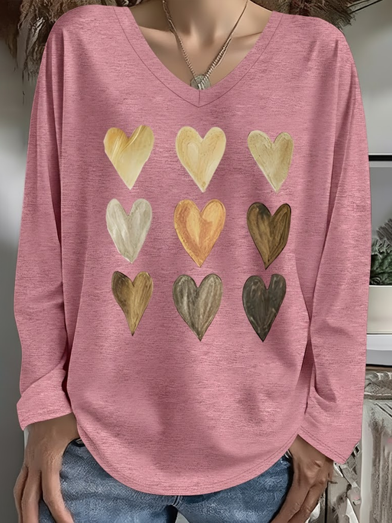 Women's Long Sleeve T-shirt Spring/Fall Pink Heart/Cordate Printing Jersey V Neck Daily Going Out Casual Top