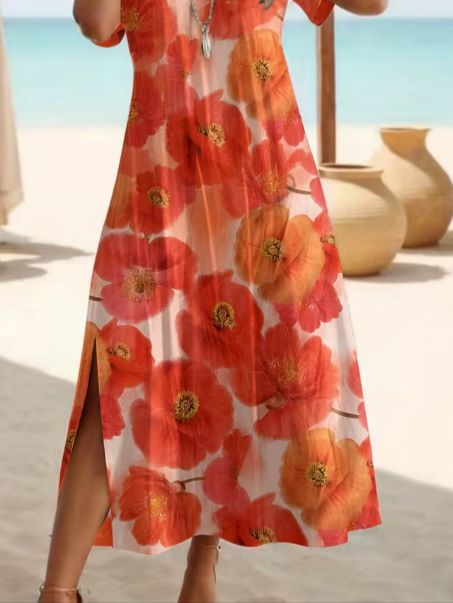 Women's Short Sleeve Summer Orange Red Floral Printing Crew Neck Daily Going Out Casual Maxi H-Line T-Shirt Dress Dress