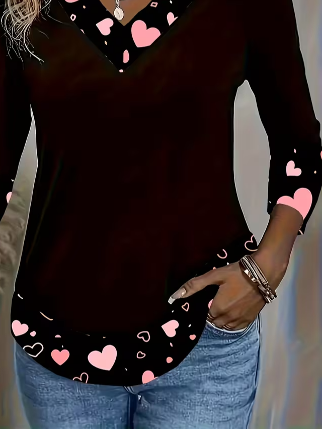 Women's Long Sleeve T-shirt Spring/Fall Black Heart/Cordate Printing Jersey V Neck Daily Going Out Casual Top