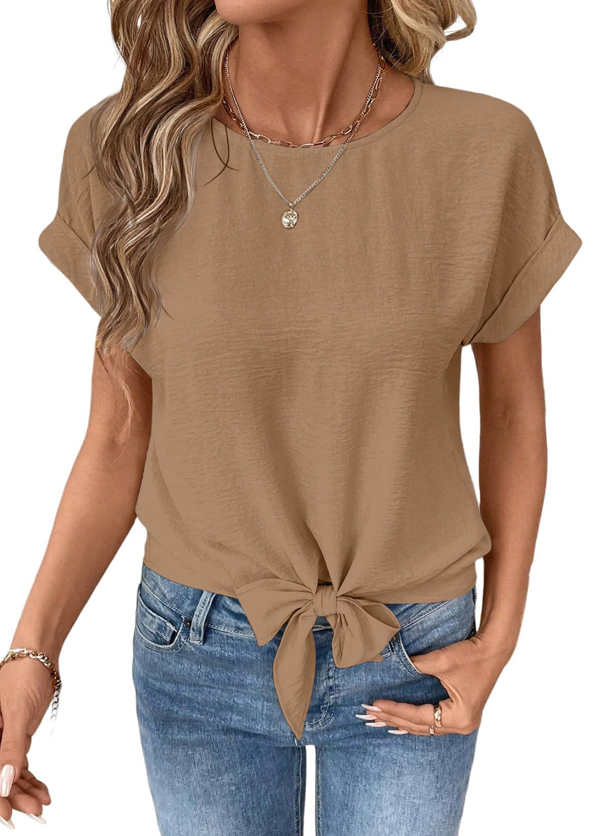 Elegant Plain Short Sleeve Crew Neck Bow Tie Bottom Going Out Casual Top