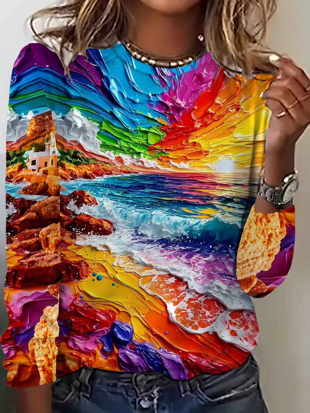 Women's Long Sleeve T-shirt Spring/Fall As Picture Abstract Printing Jersey Crew Neck Daily Going Out Casual Top