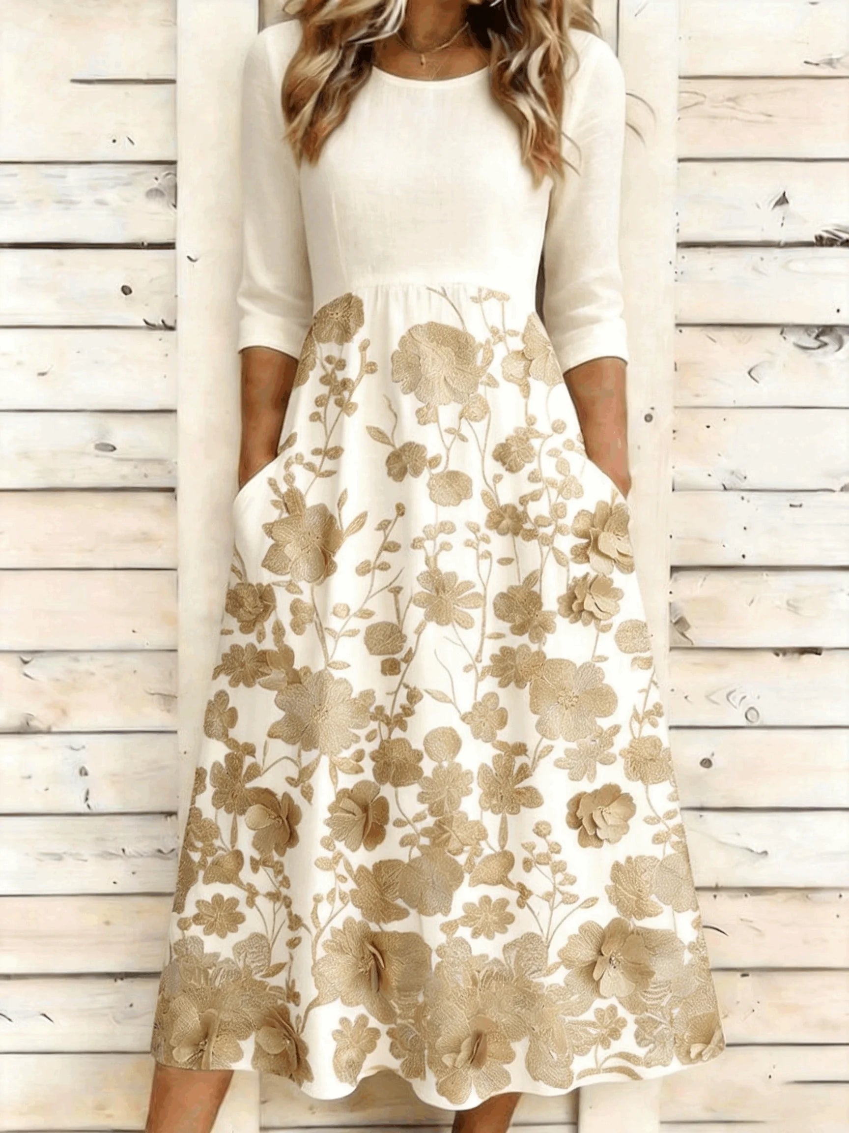 Women's Floral Print 3/4 Sleeve Round Neck A-Line Maxi Dress with Pockets