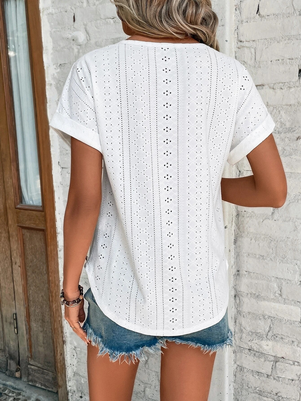 Crew Neck Short Sleeve Recessed mesh embroidery Casual Top