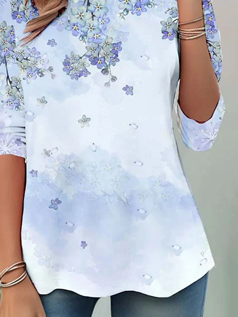 Women's Long Sleeve T-shirt Spring/Fall Blue Floral Printing Jersey Crew Neck Daily Going Out Casual Top