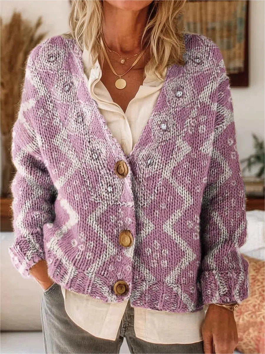 Women's Vintage Multicolor Collage Floral Print Button-Up V-Neck Cardigan Sweater