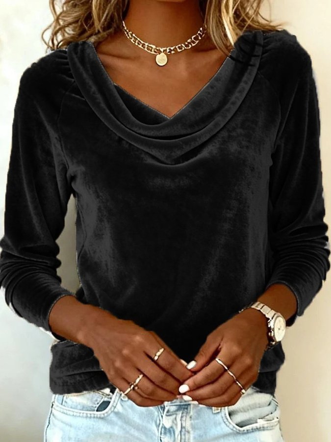 Women's Long Sleeve T-shirt Spring/Fall Golden Plain Split Joint Cowl Neck Daily Going Out Vintage Top