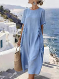 Plain Linen Blend Round Neck Short Sleeve Casual Dress