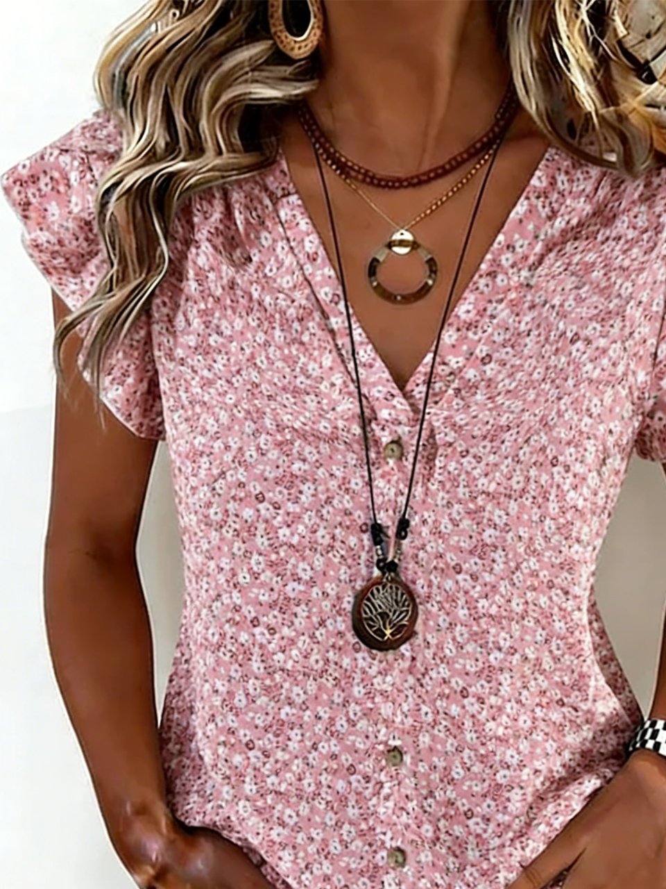Vintage Loose Ditsy Floral Others Ruffle Sleeve T-Shirt