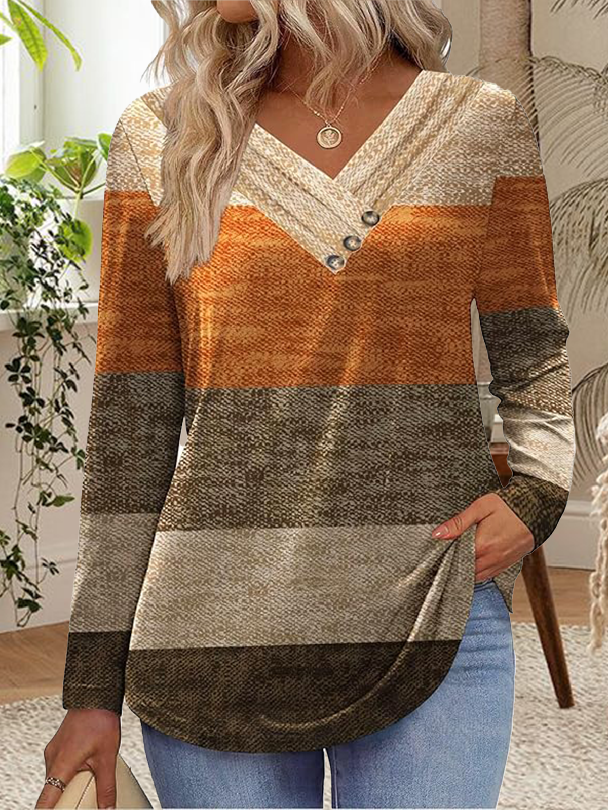 Casual Cotton Striped V Neck T-Shirt
