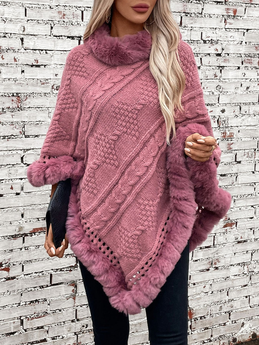 Fur Collar Elegant Plain Crew Neck Cloak