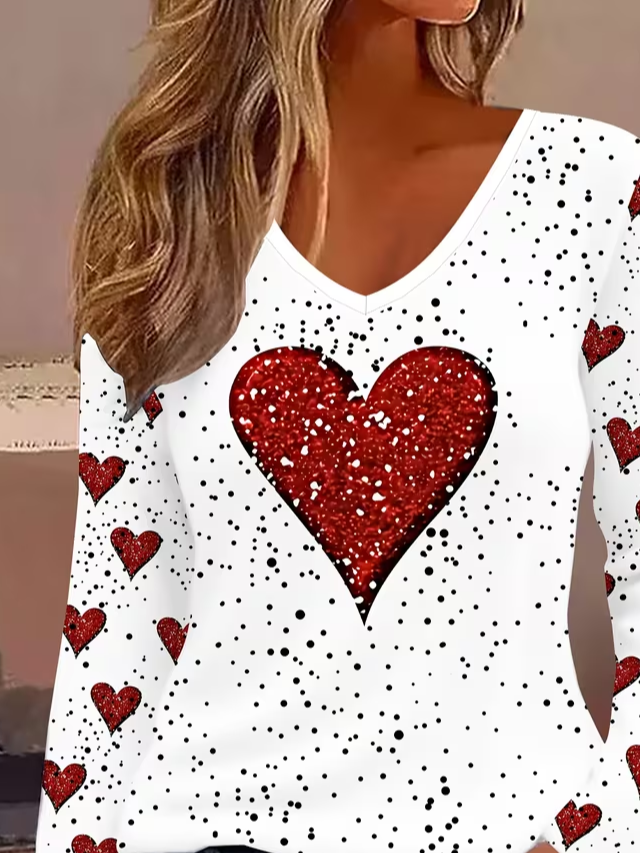 Women's Long Sleeve T-shirt Spring/Fall White Heart/Cordate Printing Jersey V Neck Daily Going Out Casual Top