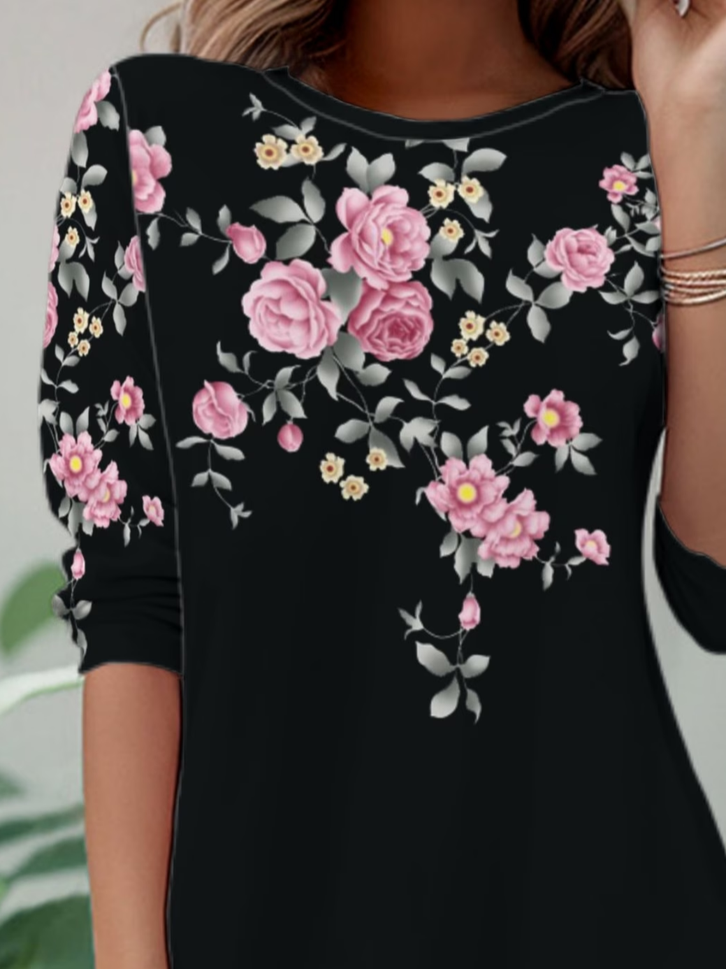 Women's Long Sleeve T-shirt Spring/Fall Black Floral Jersey Crew Neck Daily Going Out Casual Top