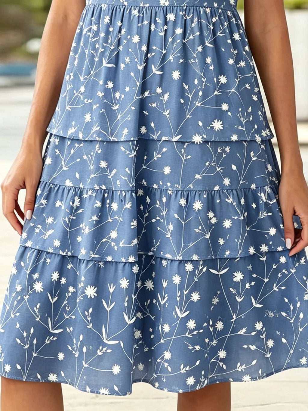 Regular Fit Cotton-Like Crease Casual Crew Neck Cap Sleeve Blue Small Floral Ruffle Dress With No