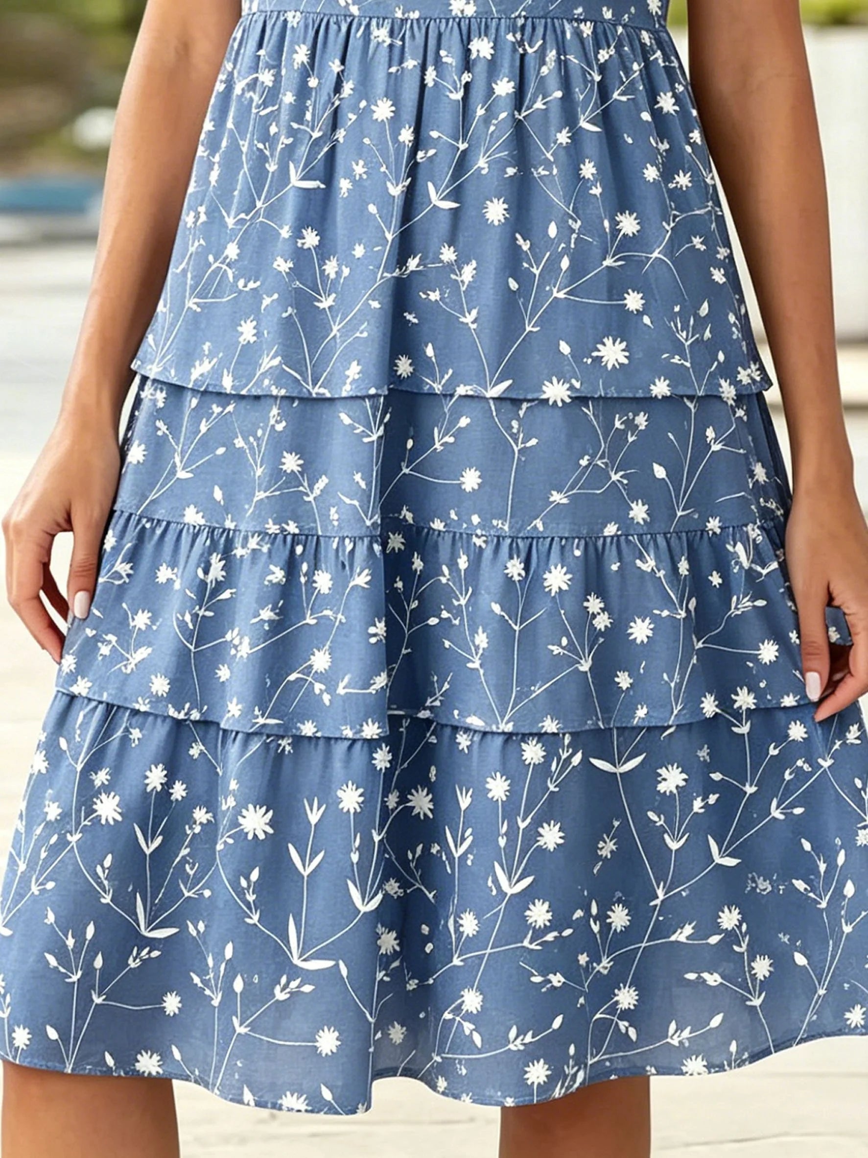 Regular Fit Cotton-Like Crease Casual Crew Neck Cap Sleeve Blue Small Floral Ruffle Dress With No