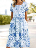 Women's Short Sleeve Summer Blue Floral Printing Round Neck Daily Going Out Casual Maxi A-Line Dress