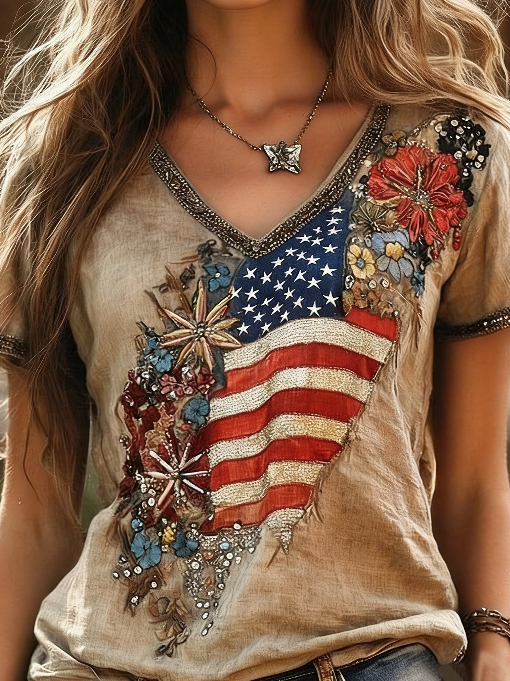 250th Anniversary V Neck America Flag Roes Summer Linen Look Vintage Casual T-Shirt