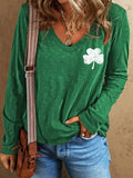 Women's Shamrock St. Patrick's Day Print Casual V-Neck Long Sleeve T-Shirt