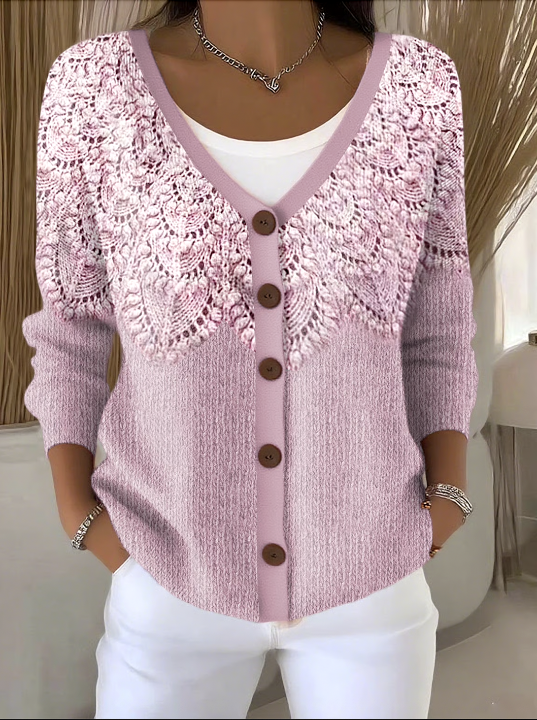 Floral Regular Fit V Neck Casual Cardigan