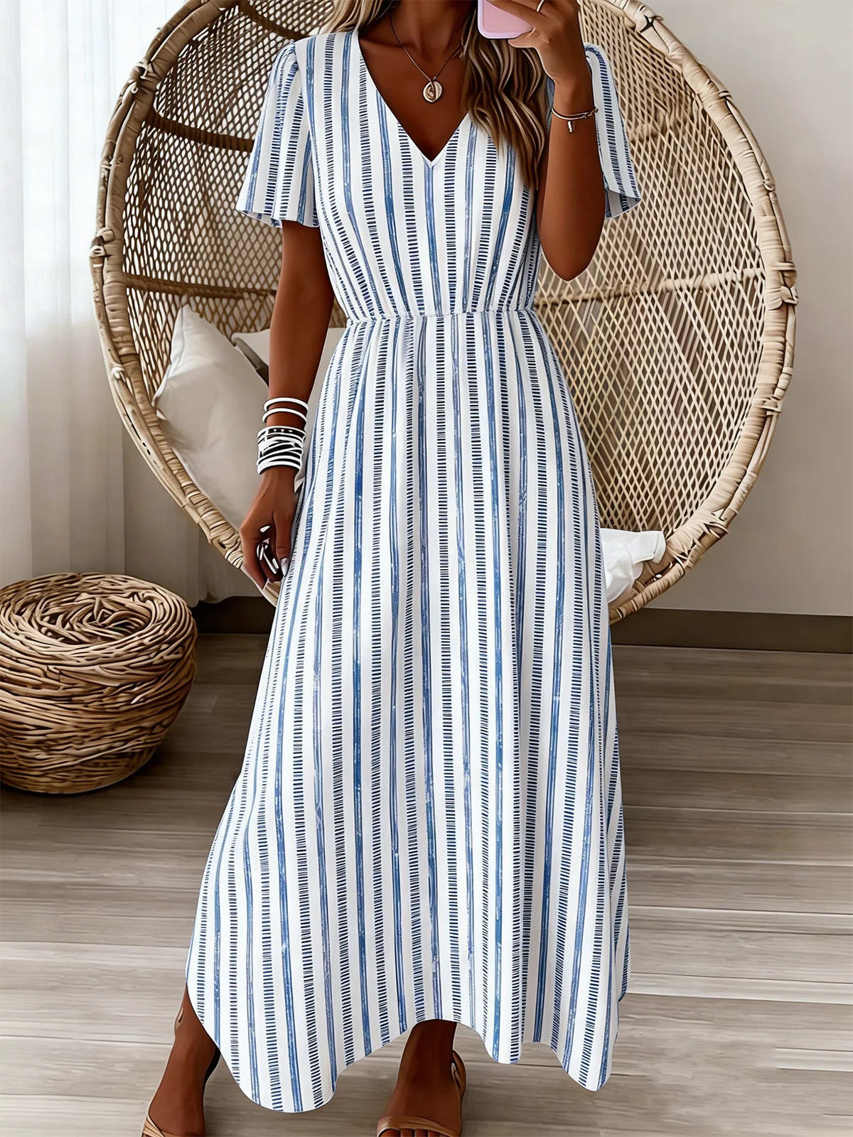 Loose V Neck Linen Blend Vintage Dress With No