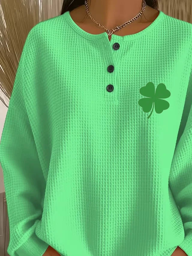 Women's St. Patrick's Day Shamrock Print Button-Up Casual Waffle Knit Sweatshirt