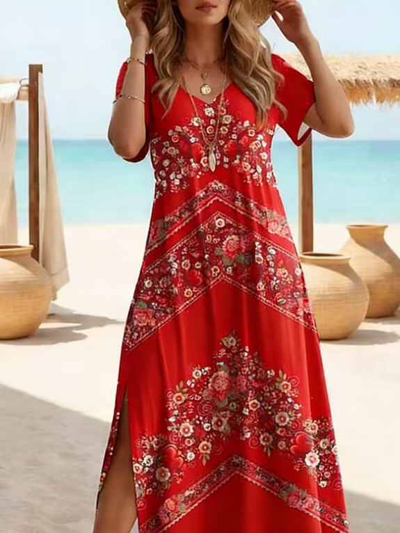Women's Short Sleeve Summer Red Floral Printing V Neck Daily Going Out Casual Maxi X-Line Dress