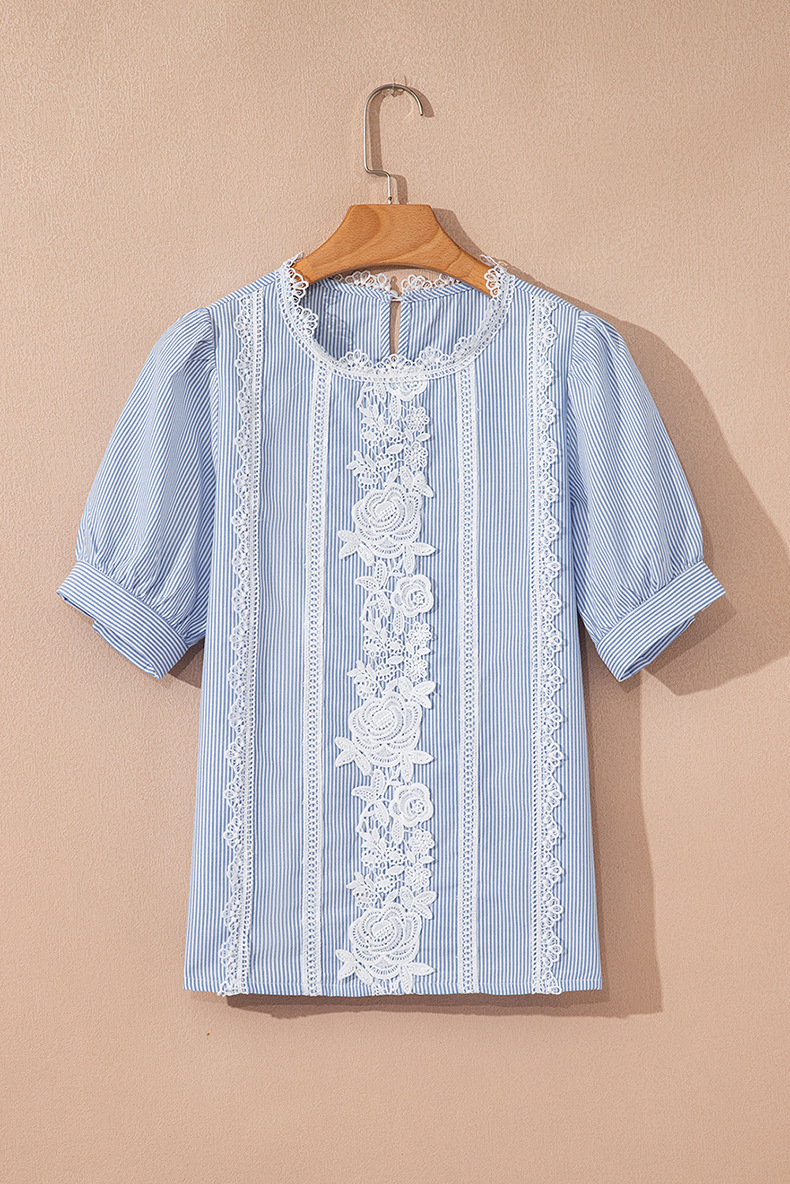 Striped Round Neck Puff Short Sleeve Lace Trim Summer Casual Top