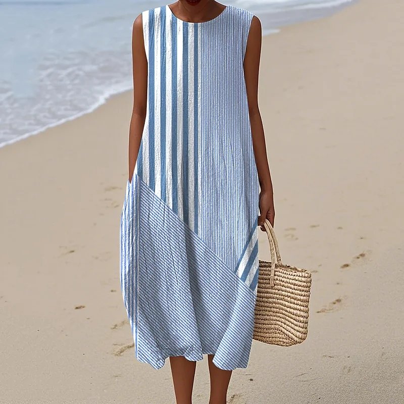 Striped Crew Neck Elegant Loose Dress With No