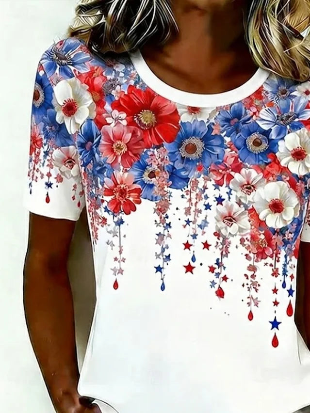 Women's Short Sleeve T-shirt Summer White Independence Day (Flag) Printing Jersey Crew Neck Daily Going Out Casual Top