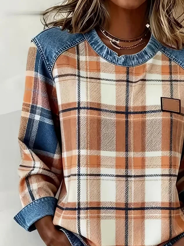 Women's Plaid Print Patchwork Denim Crewneck Long-Sleeved Sweatshirt