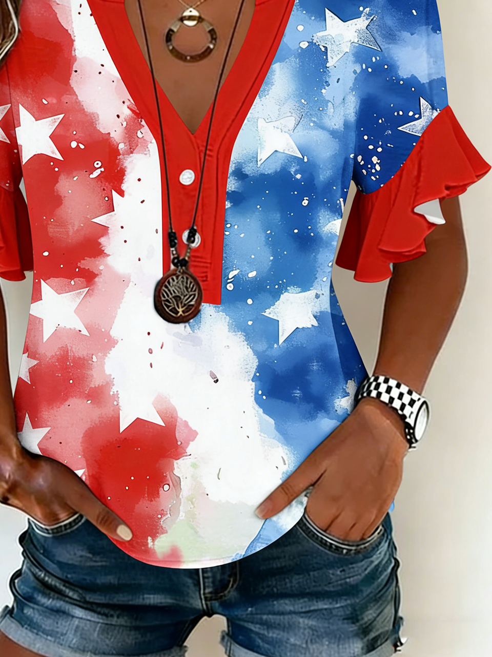 Women's V-Neck Multi-Layered Lace Design Shirt