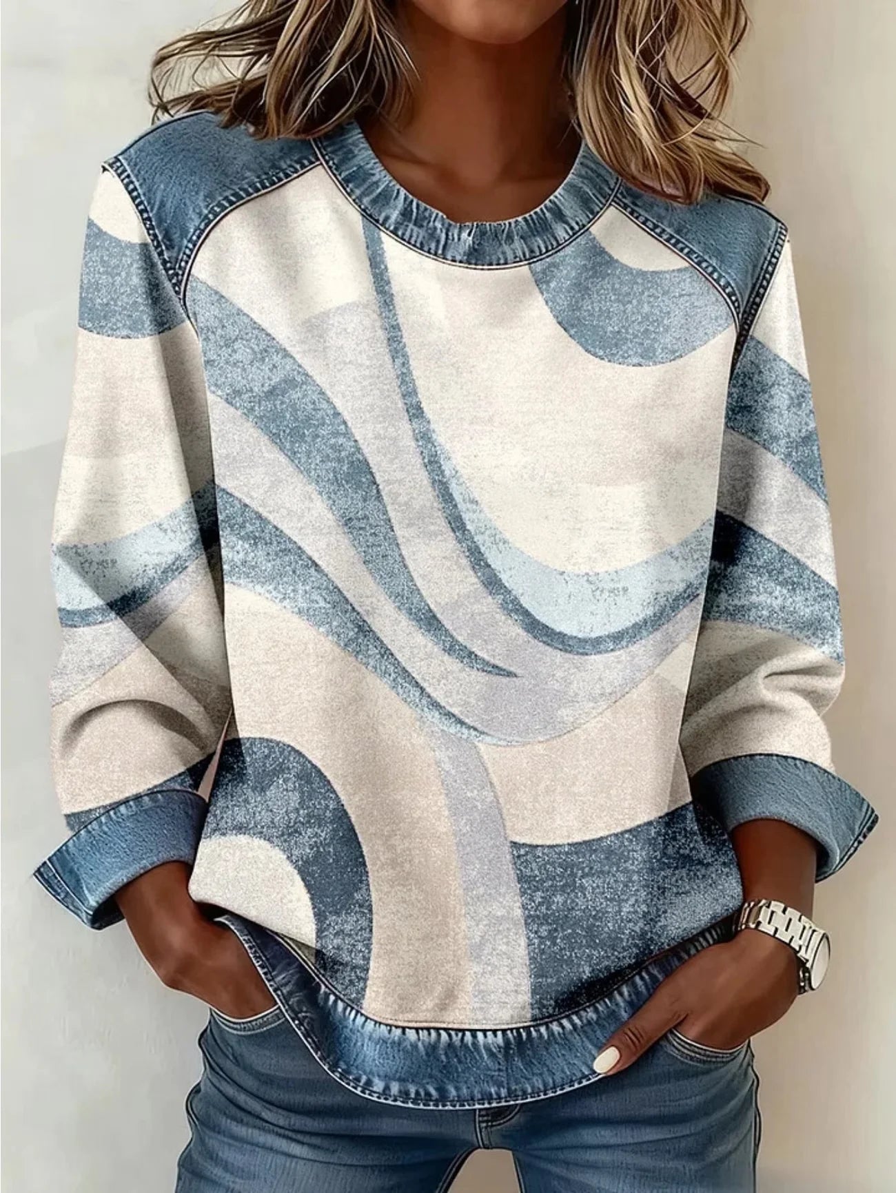 Women's Abstract Stripes Print Patchwork Denim Crewneck Long-Sleeved Sweatshirt