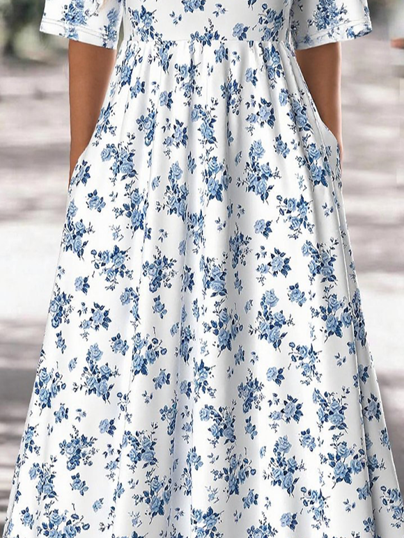 White Blue Floral Midi Dress for Women Flowy Boho Dress with Pockets