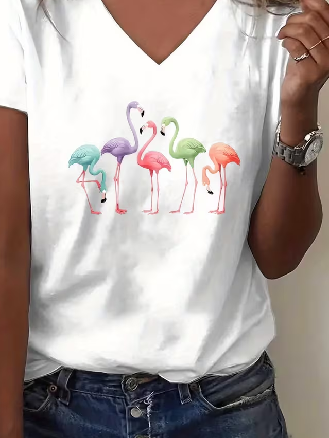 Women's Short Sleeve T-shirt Summer White Flamingo Printing V Neck Holiday Going Out Vintage Top