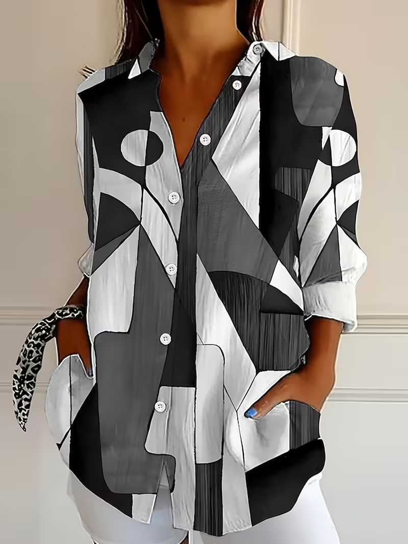 Women's Long Sleeve Shirt Spring/Fall Gray Abstract Buckle Shirt Collar Regular Sleeve Daily Going Out Casual Top