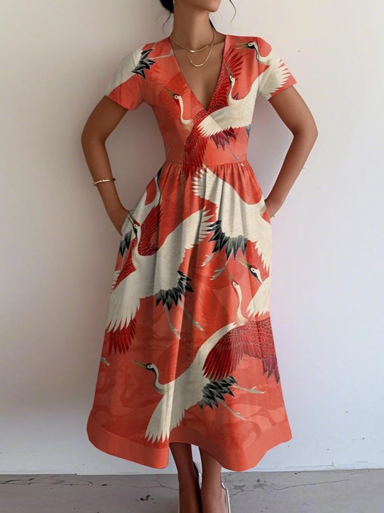 V Neck Animal Vacation Regular Fit Dress With No