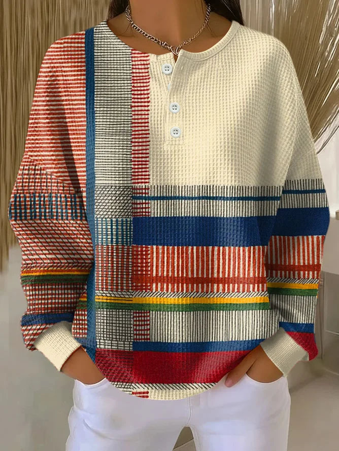Women's Abstract Print Button-Up Casual Waffle Knit Sweatshirt