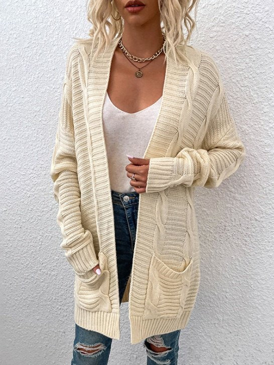 Vintage Split Joint Cable Knit Jacquard Cardigan Sweater Mid-Length Twisted Cord Cardigan