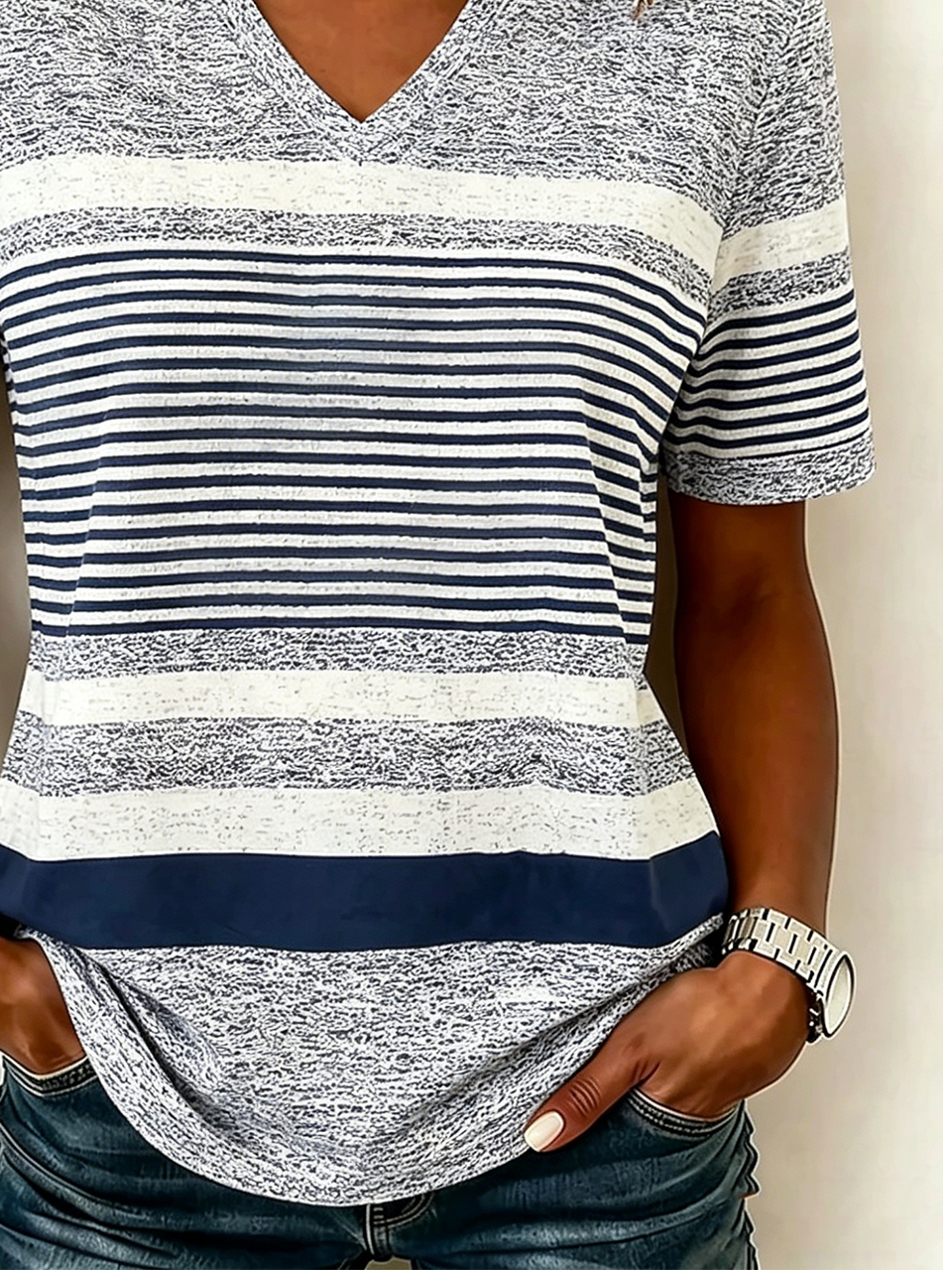 Casual Striped V Neck T-Shirt