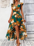 Women's Short Sleeve Summer Green Plain Split Joint V Neck Ruffle Sleeve Daily Going Out Vintage Maxi A-Line Tank Dress