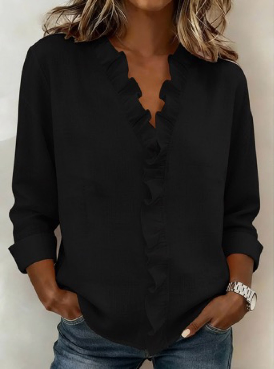 Women's Solid Color V-Neck Blouse with Ruffle Trim Long Sleeve Casual Top