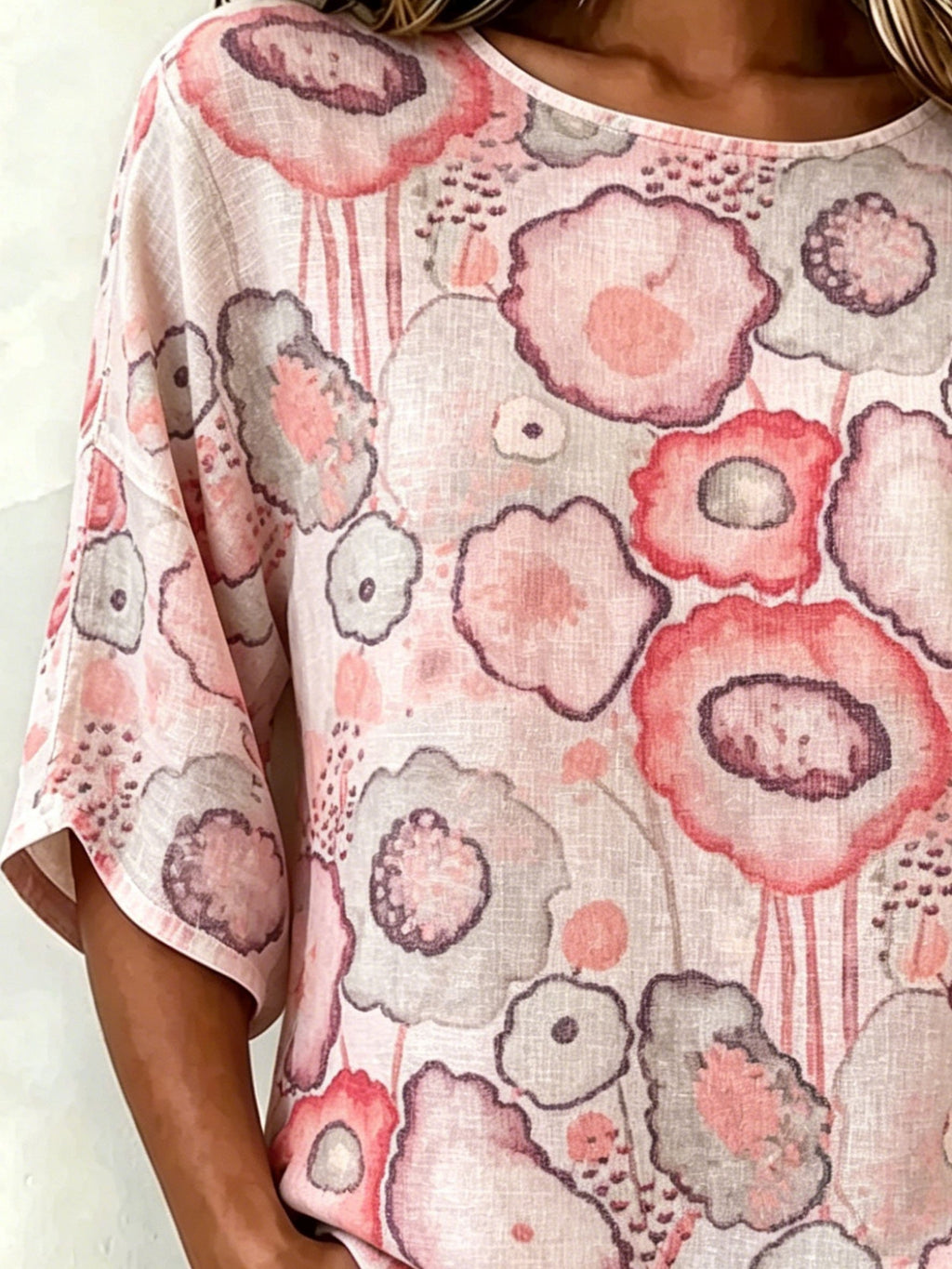 Cotton And Linen Pink Floral Vintage Loose Casual Top