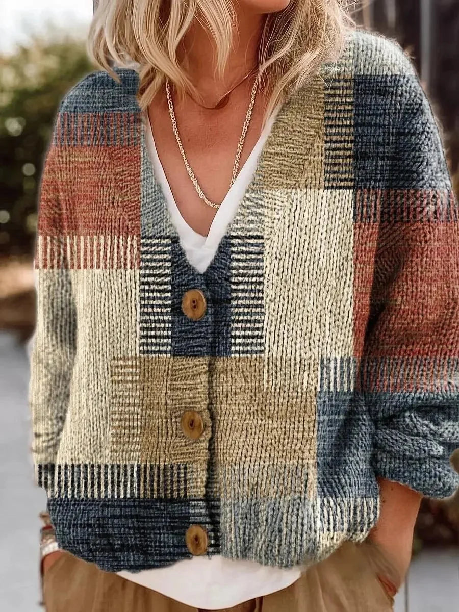 Women's Vintage Multicolor Collage Floral Print Button-Up V-Neck Cardigan Sweater