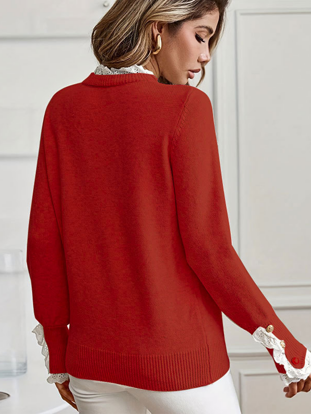Elegant Lace Ruffle Crew Neck Knit Blouse