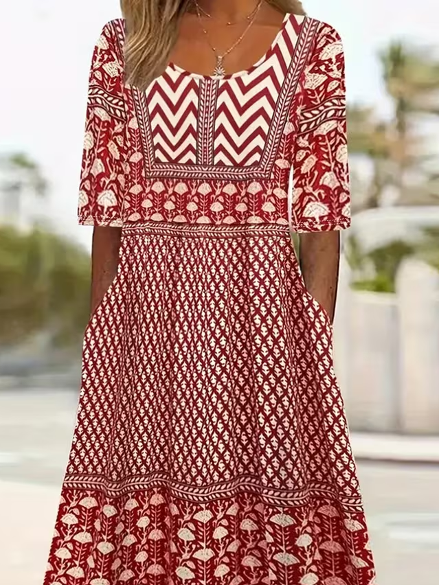 Women's Short Sleeve Summer Red Abstract Graphic Printing Crew Neck Daily Going Out Casual Maxi H-Line Shift Dress Dress