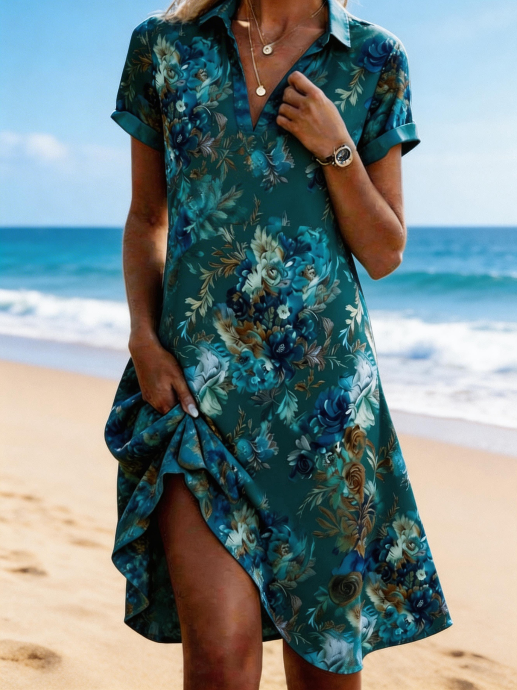 Boho Floral Loose Shirt Collar Shirt Dress With No