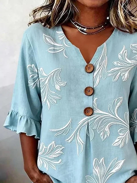 Women's Half Sleeve Blouse Summer Blue Floral Printing V Neck Daily Going Out Vintage Top