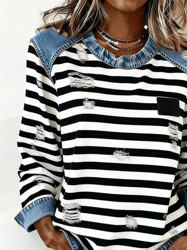 Women's Stripe Print Patchwork Denim Crewneck Long-Sleeved Sweatshirt