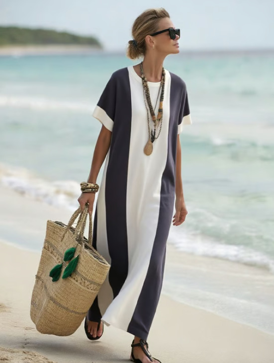 Color Block Stripe Round Neck Short Sleeve Summer Loose Vacation Maxi Dress
