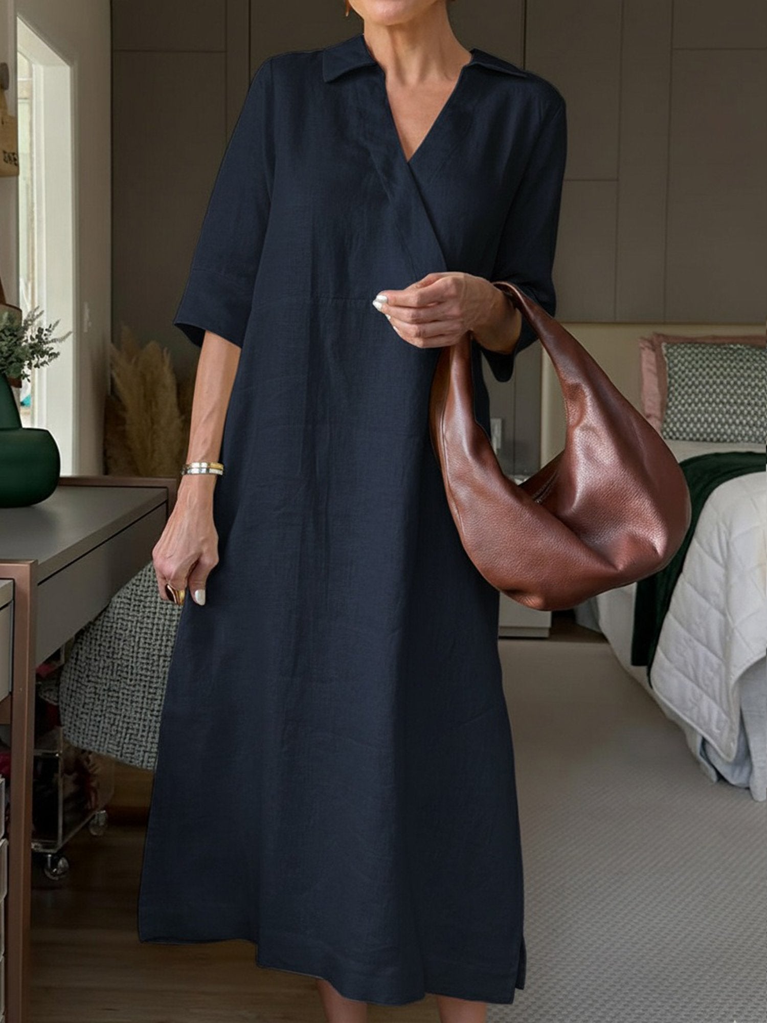 Casual Plain V Neck Midi Dress