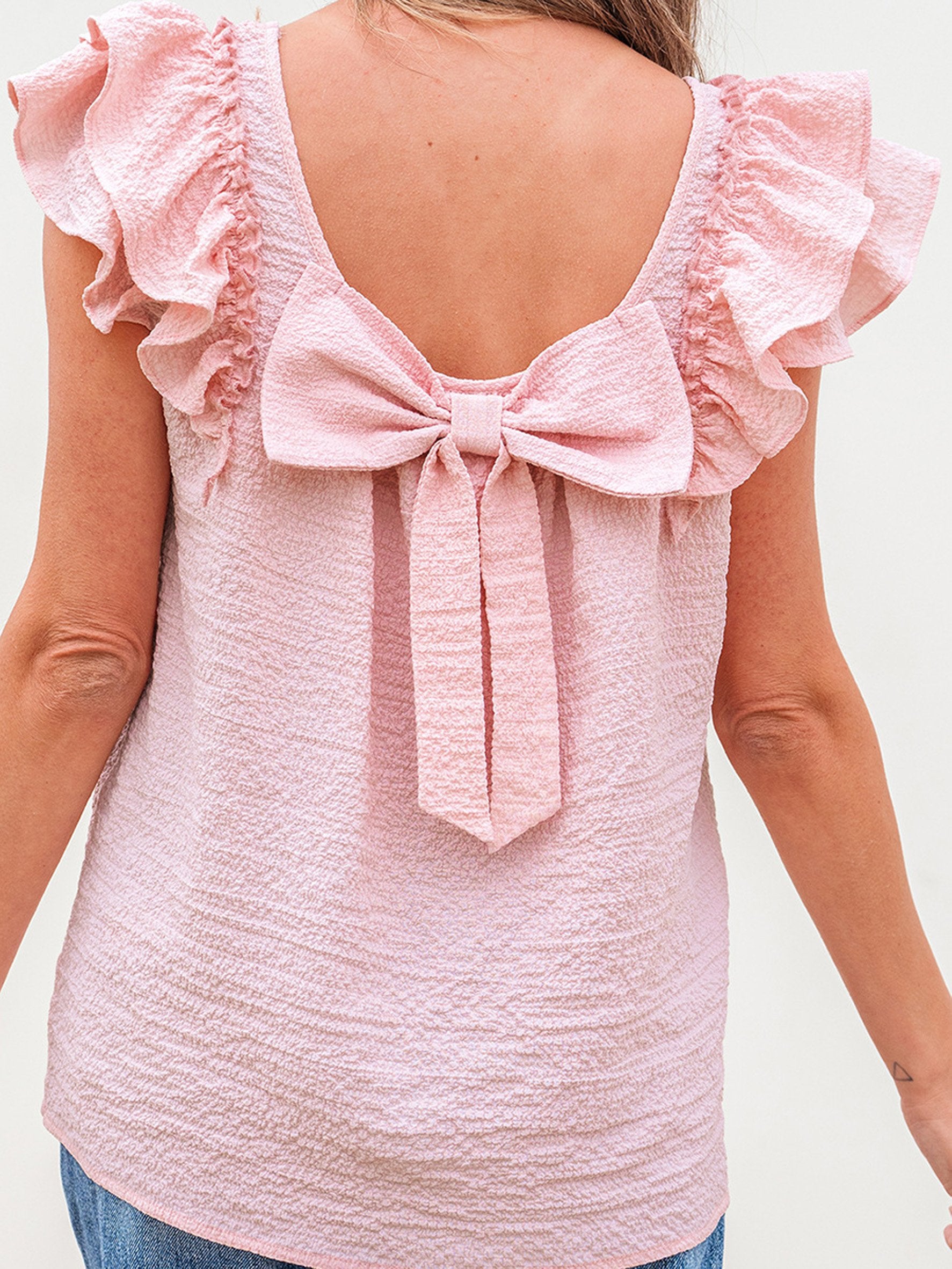 Plain Vacation Regular Fit Crew Neck Elegant Ruffle Bow Tie Valentine's Day Going Out Casual Top